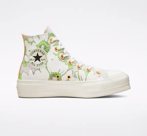 Converse Chuck Taylor All Star Lift Platform Crafted Florals Sneakers High Brune Lysegrøn | CV-398BAQ