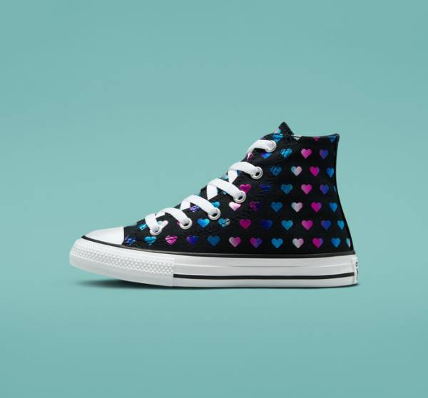 Converse Chuck Taylor All Star Foil Hearts Sneakers High Sort Hvide Lyserød | CV-528VJB