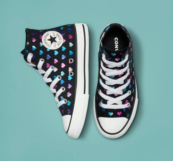 Converse Chuck Taylor All Star Foil Hearts Sneakers High Sort Hvide Lyserød | CV-528VJB