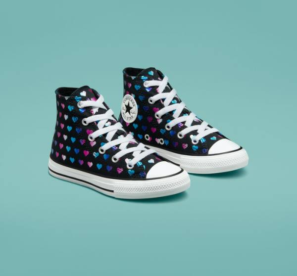 Converse Chuck Taylor All Star Foil Hearts Sneakers High Sort Hvide Lyserød | CV-528VJB