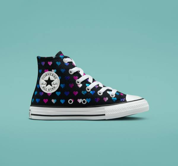 Converse Chuck Taylor All Star Foil Hearts Sneakers High Sort Hvide Lyserød | CV-528VJB