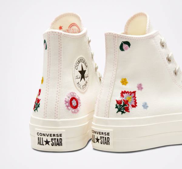 Converse Chuck Taylor All Star Lift Platform Floral Embroidery Sneakers High Sort Lyserød | CV-017ZIT