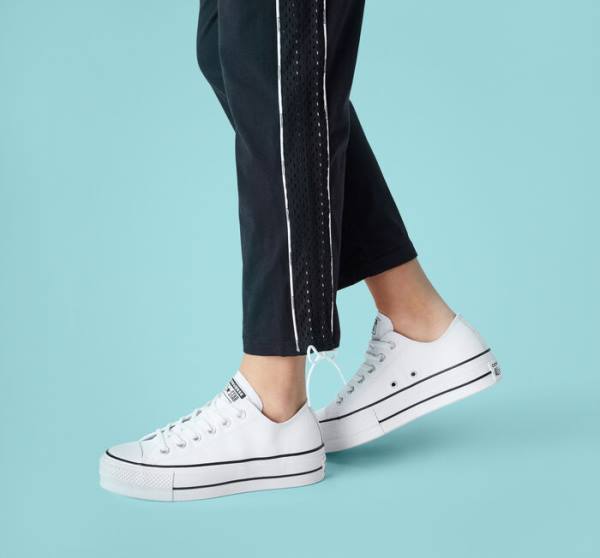 Converse Chuck Taylor All Star Lift Platform Læder Sneakers Low Hvide Sort Hvide | CV-043GYS