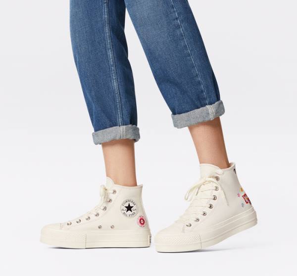 Converse Chuck Taylor All Star Lift Platform Floral Embroidery Sneakers High Sort Lyserød | CV-240ADE