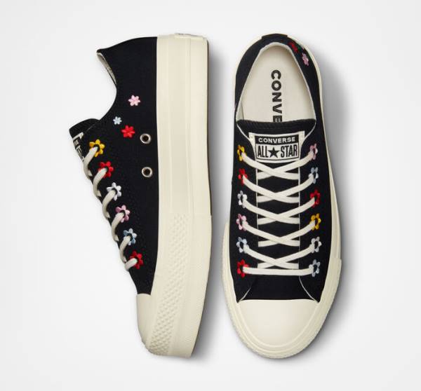 Converse Chuck Taylor All Star Lift Platform Floral Embroidery Sneakers Low Sort Flerfarvede | CV-619XVC