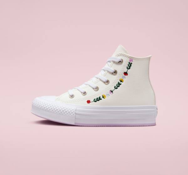 Converse Chuck Taylor All Star Lift Platform Floral Embroidery Sneakers High Hvide Hvide | CV-804UFH