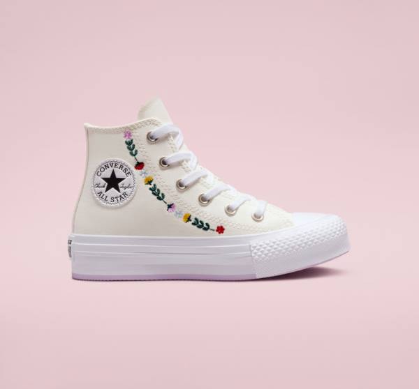 Converse Chuck Taylor All Star Lift Platform Floral Embroidery Sneakers High Hvide Hvide | CV-804UFH