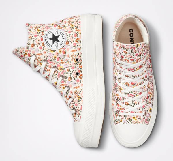 Converse Chuck Taylor All Star Lift Platform Florals Sneakers High Beige Hvide Lyserød | CV-964NWJ