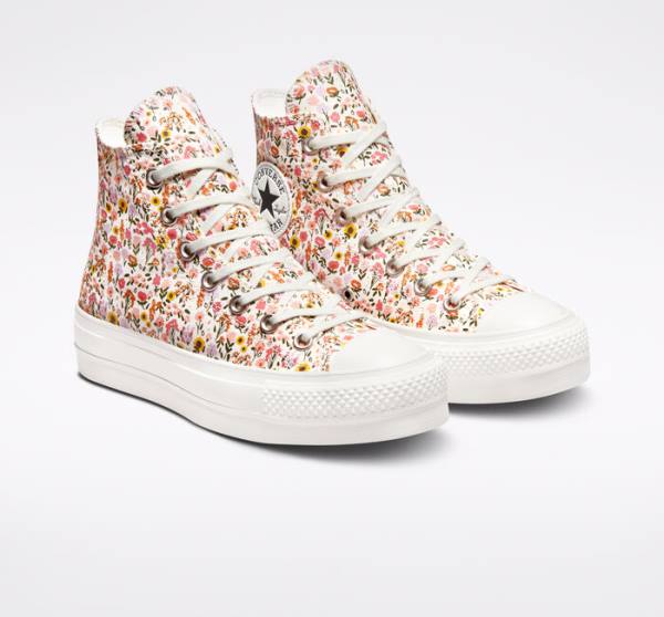 Converse Chuck Taylor All Star Lift Platform Florals Sneakers High Beige Hvide Lyserød | CV-964NWJ