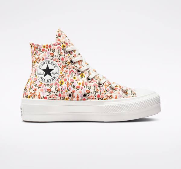 Converse Chuck Taylor All Star Lift Platform Florals Sneakers High Beige Hvide Lyserød | CV-964NWJ