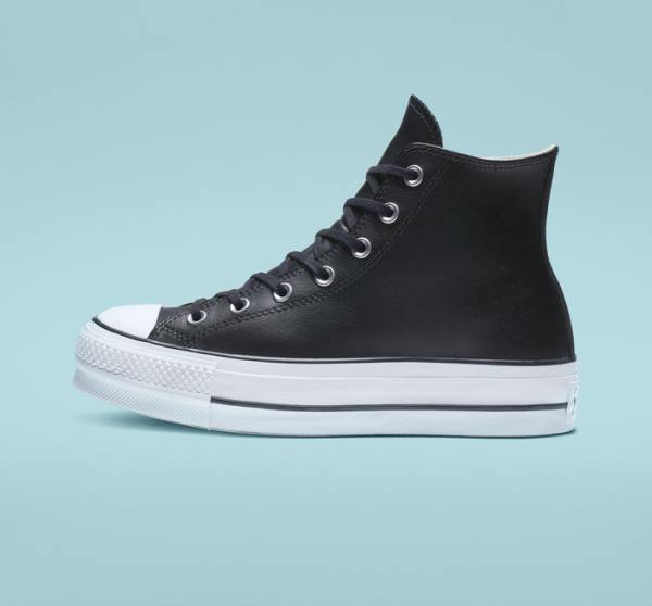 Converse Chuck Taylor All Star Platform Clean Læder Sneakers High Sort Hvide | CV-347MUN