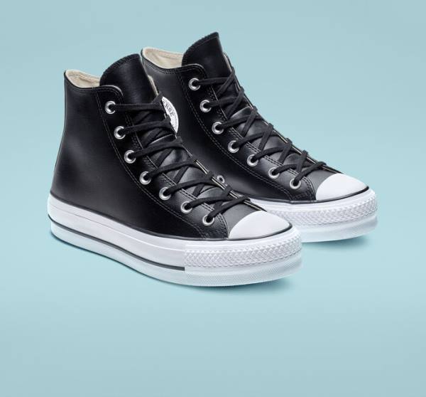 Converse Chuck Taylor All Star Platform Clean Læder Sneakers High Sort Hvide | CV-347MUN