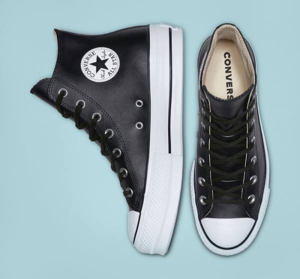 Converse Chuck Taylor All Star Platform Clean Læder Sneakers High Sort Hvide | CV-347MUN