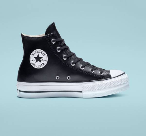 Converse Chuck Taylor All Star Platform Clean Læder Sneakers High Sort Hvide | CV-347MUN